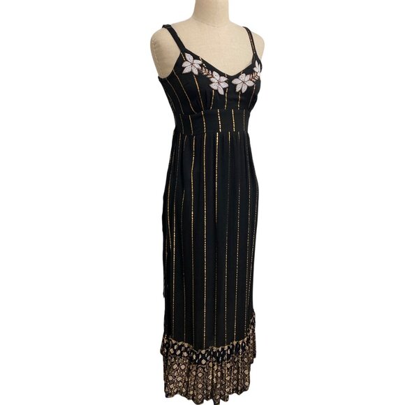 Ananta Black & Gold Striped Midi Dress With Floral Embellishments S/M - Picture 2 of 11